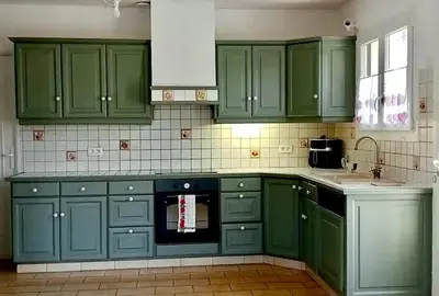 a green kitchen with green cabinets and a sink at Villa Pamprenelle in Poilhès