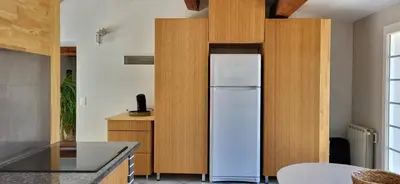 a white refrigerator in a kitchen with wooden cabinets at Domaine De L'aube Des Temps in Raissac-dʼAude