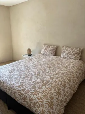 a bedroom with a large bed with two pillows at Ma petite chaumière in Bouilhonnac