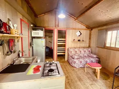 a small kitchen and living room in a tiny house at Cabane sur pilotis avec terrasse au calme - API-1-52-1502 in Camon