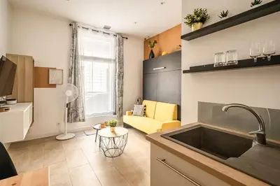 a kitchen with a sink and a living room at Studio narbonne in Narbonne