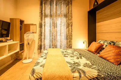 a bedroom with a large bed and a fan at Studio narbonne in Narbonne