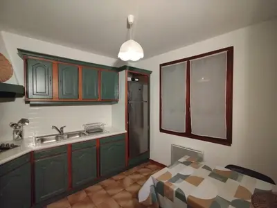 a kitchen with green cabinets and a sink at Cheminée, jardin et tranquillité assurée in Verdalle