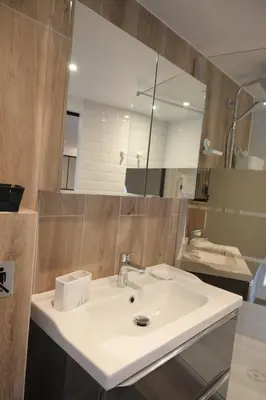 a bathroom with a white sink and a mirror at La Chouette - Atypique & lumineux, Place Jean Jaurès in Castres