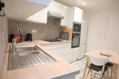 a kitchen with a sink and a counter top at La Chouette - Atypique & lumineux, Place Jean Jaurès in Castres