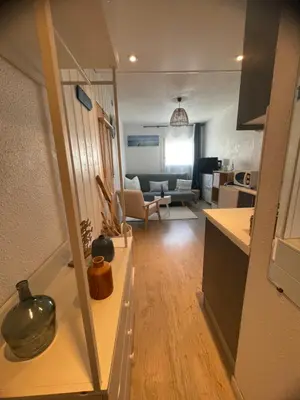 a kitchen and a living room with a couch at Studio cosy avec piscine et parking à Gruissan in Gruissan
