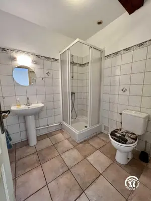a bathroom with a shower and a toilet and a sink at Domaine de la calm in Villardonnel