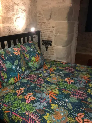 a bed with a colorful comforter and pillows at Soupex Castle century XII in Soupex