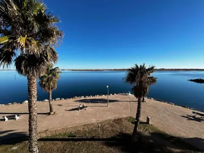 a beach with palm trees and a large body of water at AIG_42 Appartement Type 2 – 4 couchages – Superbe vue avant-port à Gruissan in Gruissan