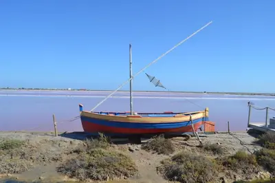 a boat sitting on the sand next to the water at Maison avec beaucoup de caractères in Bages