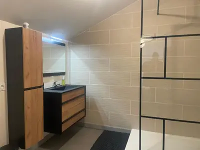 a bathroom with a sink and a glass shower at Résidence des catalans in Narbonne