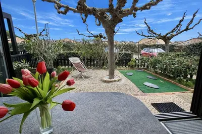 a garden with a golf course with a tree and a vase of flowers at Pavillon avec piscine collective proche Grazel - GN020-001 in Gruissan