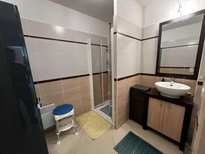 a bathroom with a sink and a shower at AIG 84 – Appartement T3 – Résidence Ephyra – Gruissan – 4 personnes in Gruissan