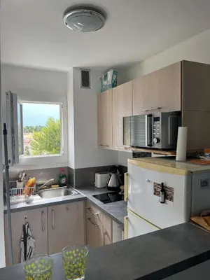 a kitchen with a refrigerator and a sink and a window at AIG_183 Studio rénové avec terrasse et vue exceptionnelle sur la marina, l’étang et le village de Gruissan in Gruissan
