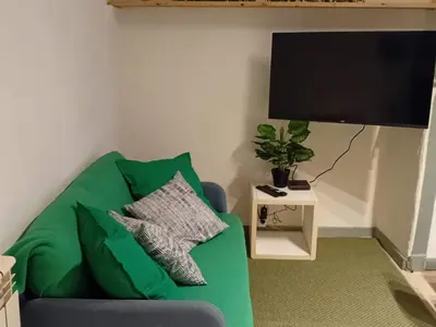 a living room with a green couch and a flat screen tv at Le Damier in Quillan