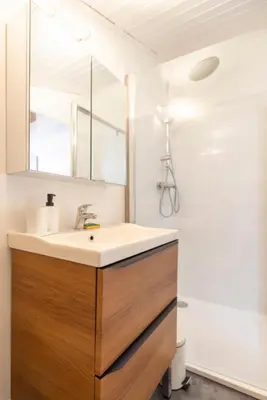 a bathroom with a sink and a shower at Duplex cosy à Mirepoix centre, tout confort in Mirepoix