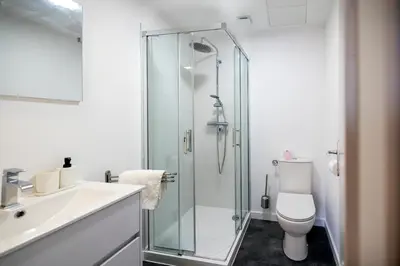 a bathroom with a shower and a toilet and a sink at 2 appartements cosys en plein cœur de Varilhes in Varilhes