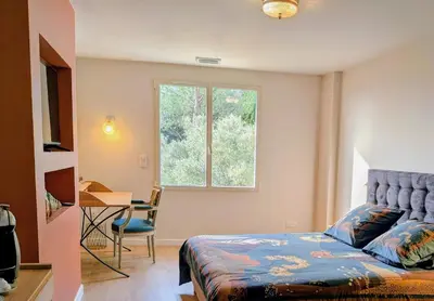 a bedroom with a bed and a desk and a window at Domaine de Grave in Mirepoix