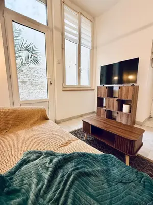 a bedroom with a bed and a flat screen tv at L'Atrium - Cour intérieure & box vélo, rdc in Castelnaudary