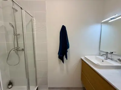a bathroom with a shower and a sink and a mirror at L'Atrium - Cour intérieure & box vélo, rdc in Castelnaudary