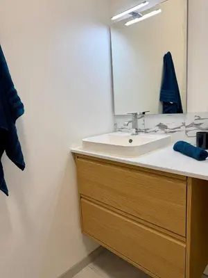 a bathroom with a sink and a mirror at L'Atrium - Cour intérieure & box vélo, rdc in Castelnaudary
