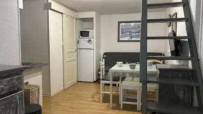a kitchen and dining room with a table and a refrigerator at Pavillon avec grande terrasse à l'abri des regard, piscine, clim - GN020-008 in Gruissan