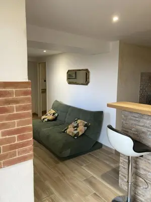 a living room with a green couch and a tv at Charmant studio avec vue sur le château de Montségur in Montferrier