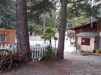 a bench sitting next to two trees next to a fence at Mobil-Home avec Terrasse pour 4 pers. - API-1-52-1600 in Sournia