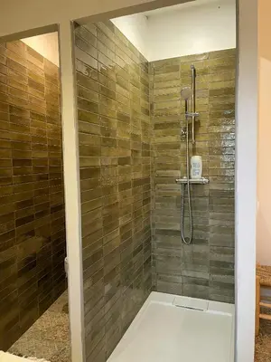 a bathroom with a shower with wooden walls at Mediterranean Haven In Pine Forest At Leucate in Roquefort-des-Corbières