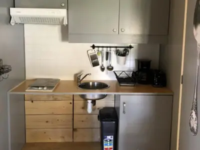 a small kitchen with a sink and a refrigerator at Chalet PMR avec Terrasse pour 4 Pers, Roquefeuil - API-1-52-139 in Roquefeuil