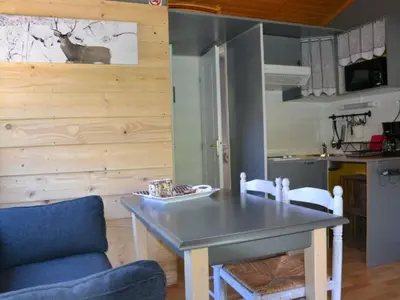 a kitchen and dining room with a table and chairs at Chalet 4 pers avec terrasse à Roquefeuil - API-1-52-236 in Roquefeuil