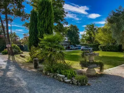 a garden with a tree and a fountain in a yard at Mobil-home 2 chambres avec terrasse à Vielmur-sur-Agout - API-1-52-1324 in Vielmur-sur-Agout