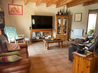 a living room with a couch and a tv at Maison idéalement située au milieu des vignes in Planèzes