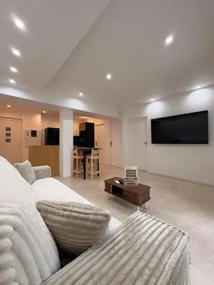 a living room with a couch and a flat screen tv at Charmant T2 au cœur de ville in Narbonne