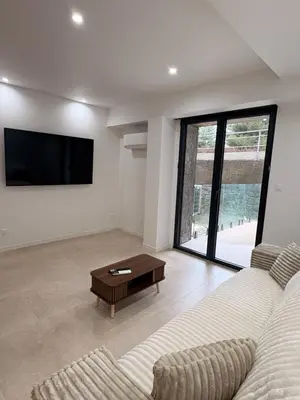 a living room with a couch and a flat screen tv at Charmant T2 au cœur de ville in Narbonne