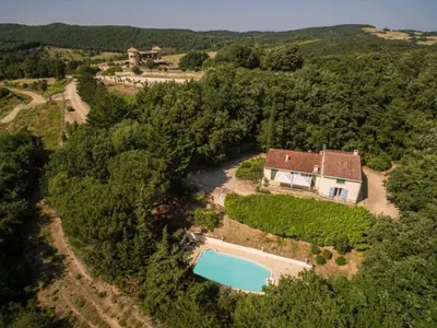 an aerial view of a house with a swimming pool at Nature stay, French Villa in Villarzel-du-Razès