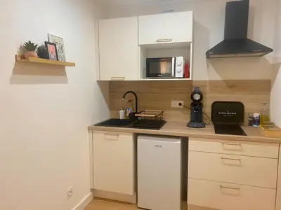 a kitchen with a counter with a sink and a microwave at Peaceful & Elegant Retreat in the heart of town in Carcassonne