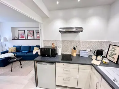 a kitchen and living room with a blue couch at LE COSY - Studio 4 pers - wifi - centre ville in Limoux