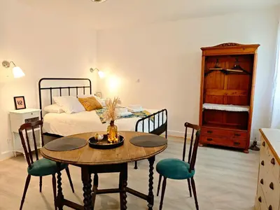 a room with a table and a bed and a bedroom at LE COSY - Studio 4 pers - wifi - centre ville in Limoux