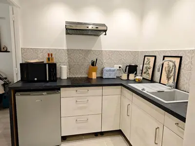 a kitchen with a sink and a microwave at LE COSY - Studio 4 pers - wifi - centre ville in Limoux