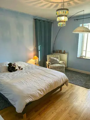 a dog laying on a bed in a bedroom at Old Farmhouse Surrounded By Nature In Sidobre in Burlats