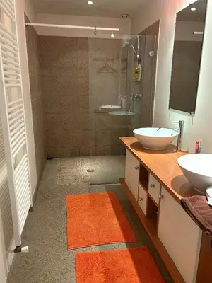 a bathroom with two sinks and an orange rug at Old Farmhouse Surrounded By Nature In Sidobre in Burlats
