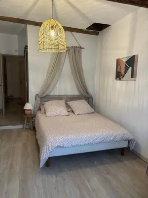 a bedroom with a bed and a chandelier at La Pause Bonheur in Luc-sur-Orbieu