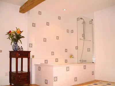 a bathroom with a shower and a vase of flowers at La Bomba Is A Stunning Farmhouse in Glorious Countryside With Private Pool in Saint-Paulet