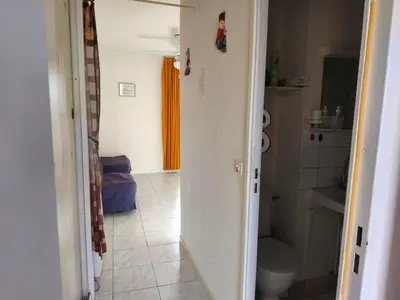 a bathroom with a toilet and a sink and a shower at Appartement T2 à Gruissan - Piscine & Parking, 2/3 Pers. - FR-1-796-107 in Gruissan
