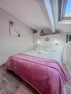 a bedroom with a large bed with a pink blanket at Charmant T2 & Mezzanine Idéal pour un séjour à Gruissan in Gruissan