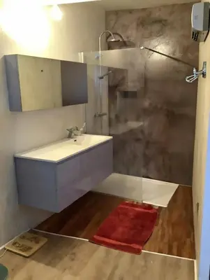 a bathroom with a sink and a shower at La planque in Gruissan