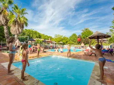 a group of people playing in the pool at a resort at Chalet Confort avec Terrasse - 4 Personnes - API-1-52-1742 in Villegly