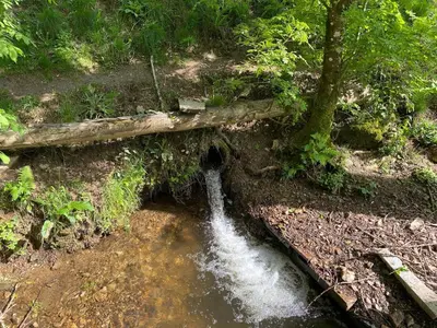 a small stream of water under a wooden bridge at Maison de village, Route des lacs in Le Bez