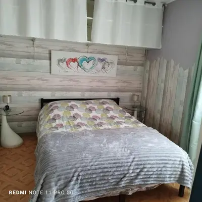 a bedroom with a bed with a wooden headboard at Charmant T2 de 43 m2 in Port-la-Nouvelle